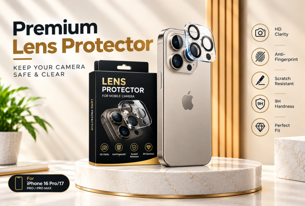 This is a premium website banner for a mobile camera Lens Protector, with the mobile shown at a taller, more prominent height. 📱 Taller mobile presentation 📸 Premium Lens Protector 👁️ HD Clarity 🚫 Anti-Fingerprint ✨ Scratch Resistant 🛡️ 9H Hardness 💎 Perfect Fit Clean cream, gold & black premium theme Lens protector and packaging clearly showcased for ecommerce use.