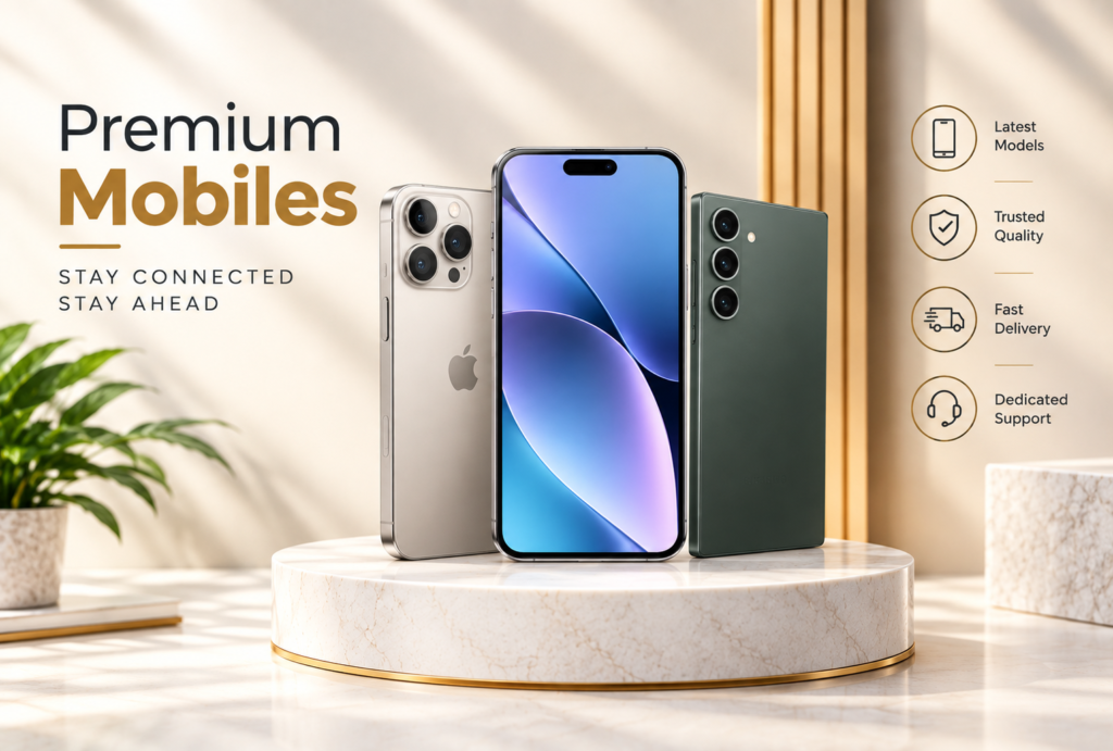 This is a classic premium website banner for mobiles, designed in the same style and size as the previous charger image. 📱 Premium Mobiles ✨ Latest Models 🛡️ Trusted Quality 🚚 Fast Delivery 🎧 Dedicated Support Elegant cream, gold & white luxury theme Multiple smartphone designs displayed prominently for a professional ecommerce look