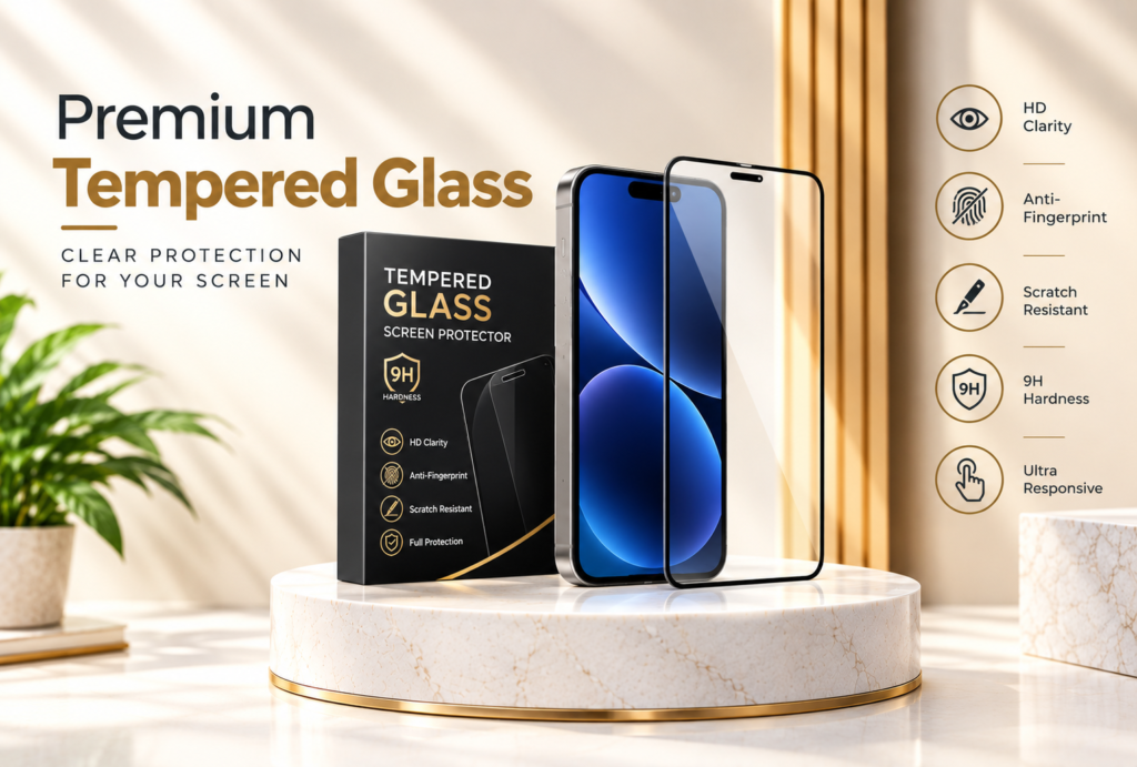 This is a classic premium website banner for tempered glass, designed in the same style and size as your previous product banners. 🛡️ Premium Tempered Glass 👁️ HD Clarity 🚫 Anti-Fingerprint ✨ Scratch Resistant 🛡️ 9H Hardness 👆 Ultra Responsive Elegant cream, gold & black premium theme Smartphone + tempered glass + packaging displayed prominently for an ecommerce look.