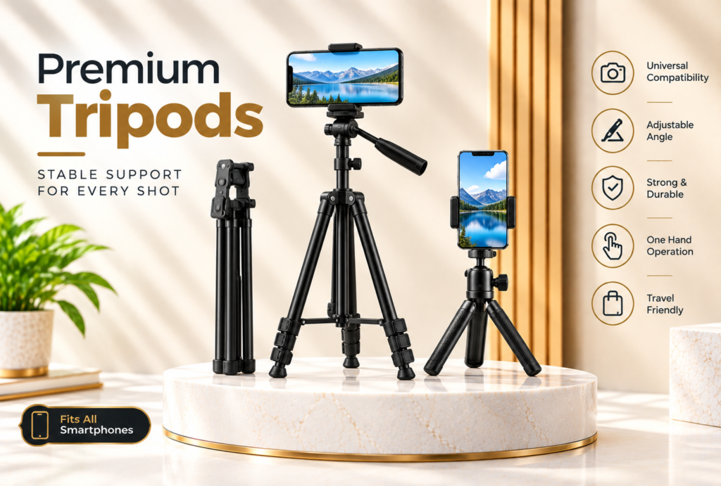 This is a premium classic website banner for Tripods, keeping the same style and size as your previous product banners. 📷 Premium Tripods 📱 Universal Compatibility 🔄 Adjustable Angle 🛡️ Strong & Durable 👆 One-Hand Operation 🎒 Travel Friendly 📱 Fits All Smartphones Elegant cream, gold & black premium design Multiple tripod styles shown for an attractive ecommerce presentation.