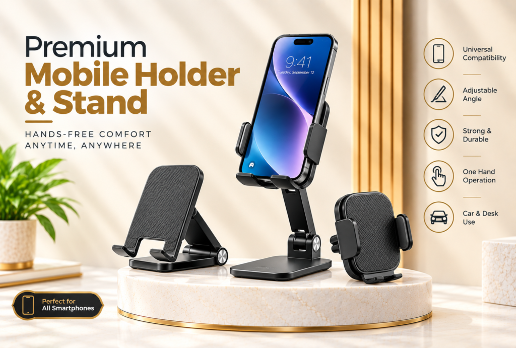 This is a premium classic website banner for a Mobile Holder & Stand, matching the same style and size as your previous product banners. 📱 Premium Mobile Holder & Stand 🔄 Adjustable Angle 🛡️ Strong & Durable 👆 One-Hand Operation 🚗 Car & Desk Use 📱 Universal Smartphone Compatibility Elegant cream, gold & black premium design Multiple holder/stand styles shown for a strong ecommerce presentation.