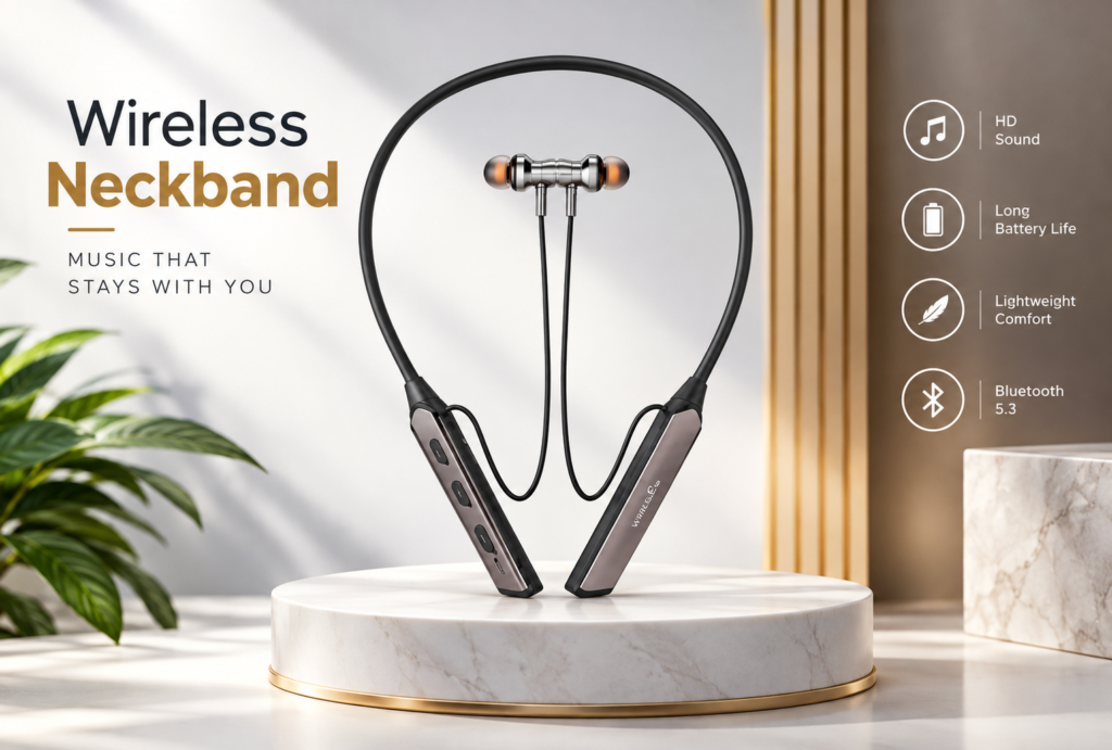 his is a premium website banner concept for a Wireless Neckband, designed with a classic, elegant look. It highlights: 🎧 Wireless Neckband 🔊 HD Sound 🔋 Long Battery Life 🪶 Lightweight Comfort 📶 Bluetooth 5.3 I can also make it more classic and minimal, with less text and a cleaner product-focused design.