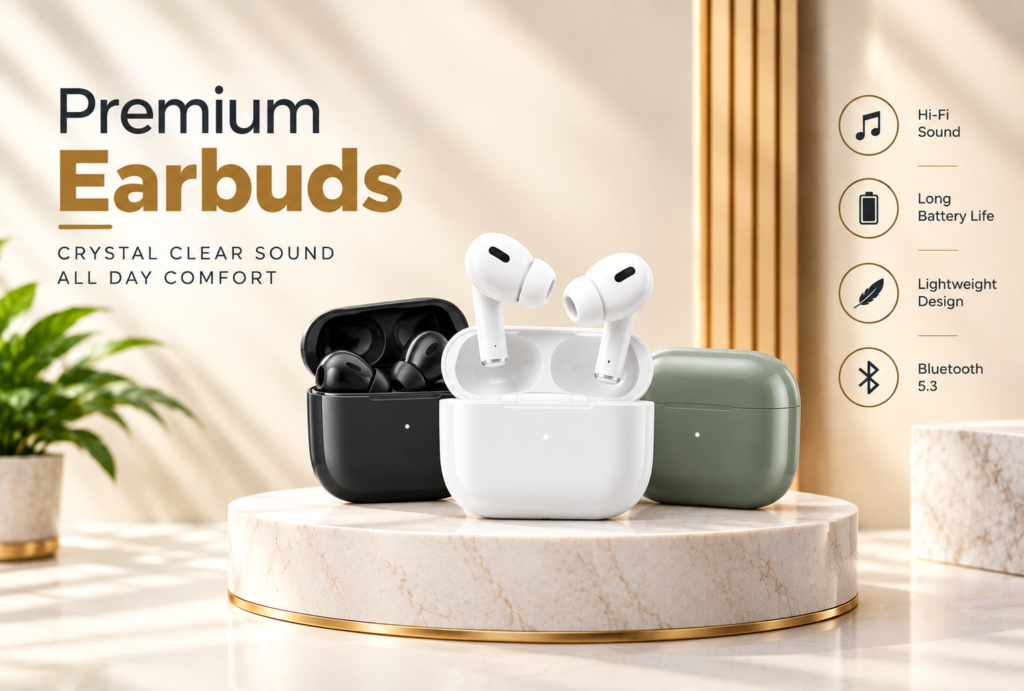 This is a classic premium website banner for earbuds, keeping the same overall size and luxury style. 🎧 Premium Earbuds 🎵 Hi-Fi Sound 🔋 Long Battery Life 🪶 Lightweight Design 📶 Bluetooth 5.3 Elegant cream, gold & white theme Multiple earbuds designs showcased for an attractive ecommerce presentation