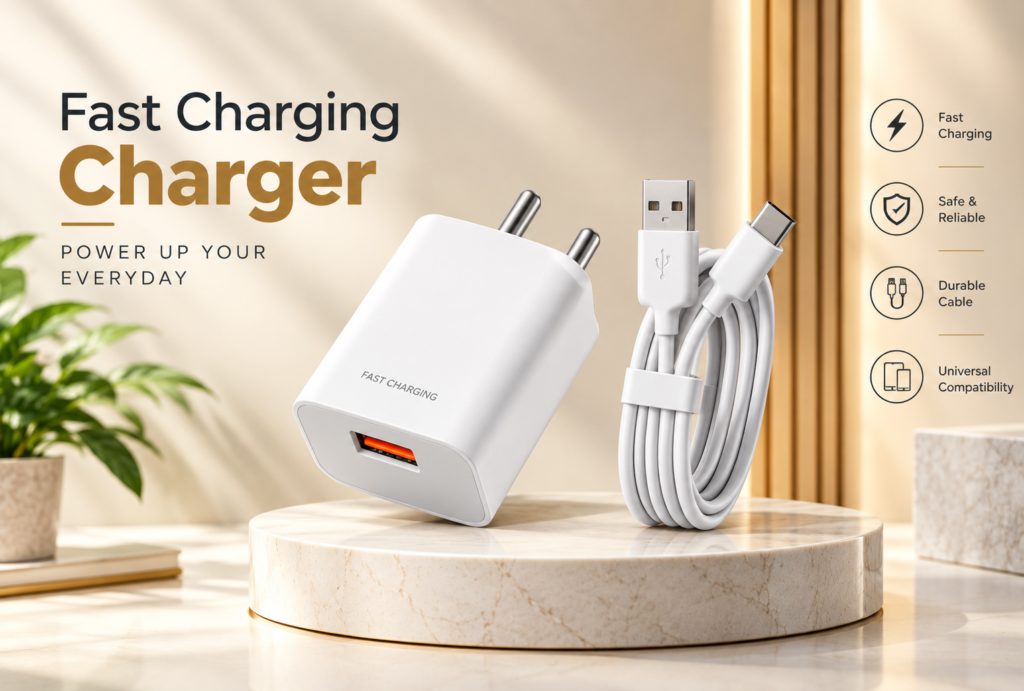 This is a classic premium website banner for a fast charger, featuring: ⚡ Fast Charging 🛡️ Safe & Reliable 🔌 Durable Cable 📱 Universal Compatibility Clean cream, white & gold luxury styling Product-focused studio presentation for a professional website look